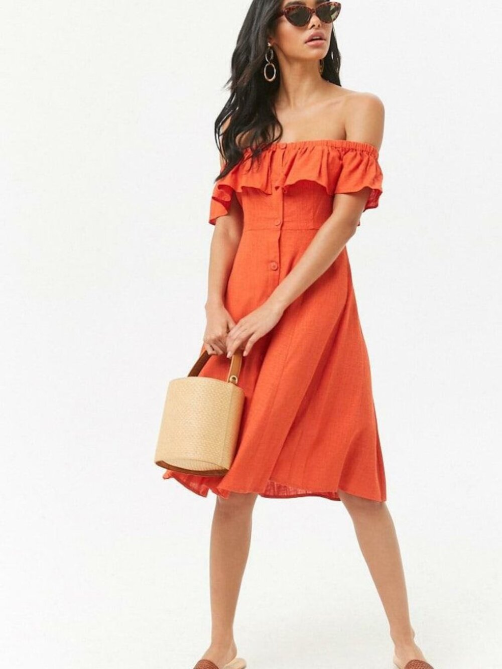Forever 21 Brick Linen-Blend Flounce Dress Small S